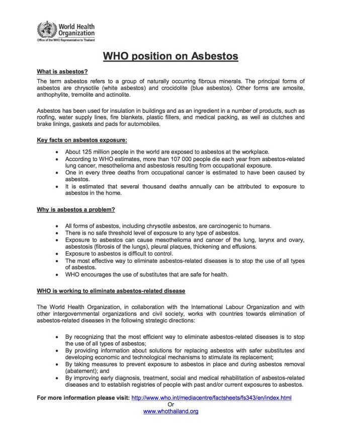 WHO position on Asbestos
